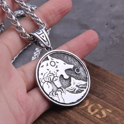 Alternative view of Ulfhednar stainless steel Wolf head and life tree norse viking pendant necklace vikings wooden box