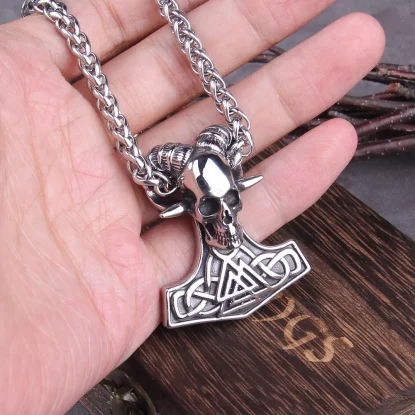 Alternative view of Thor Skull stainless steel viking rune mix skull head pendant necklace