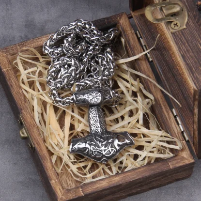 Alternative view of Mjolnir Nordic viking stainless steel thor hammer odin goat valknut vegvisir pendant necklace with valknut gift wooden box