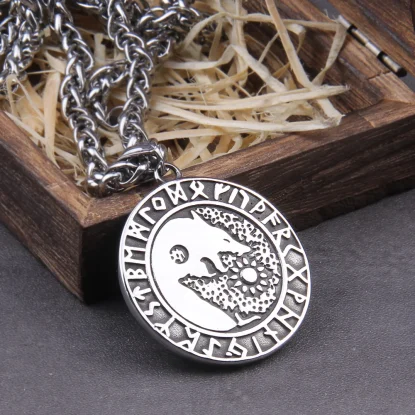 Alternative view of Ulfhednar stainless steel norse Viking odin's wolf rune  necklace with gift bag and wooden box