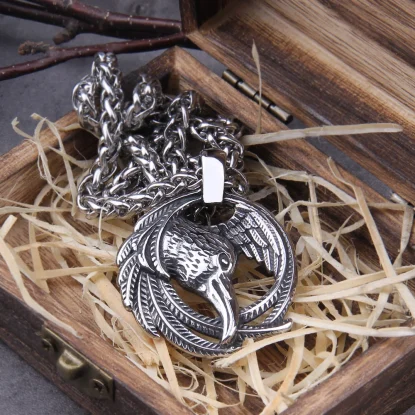 Alternative view of Hugin Norse Raven Necklace Odin Viking Pendant Crow Runes Thor Hammer Mjolnir