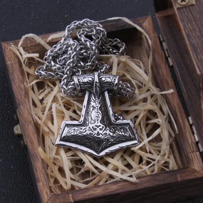 Alternative view of Thor's hammer mjolnir necklace Raven Viking Necklace with wooden box