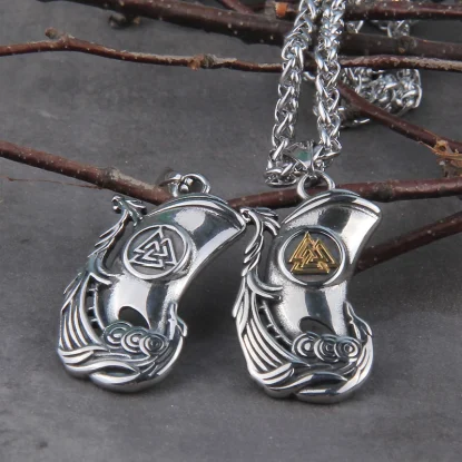 Alternative view of Drakar Nordic Vikings jewelry odin valknut stainless steel Viking warship pendant necklace with wooden box