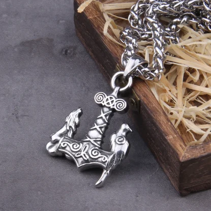 Fenrir and HuginStainless Steel Vikings jewelry Raven and wolf on viking Thor's hammer necklace with wooden box