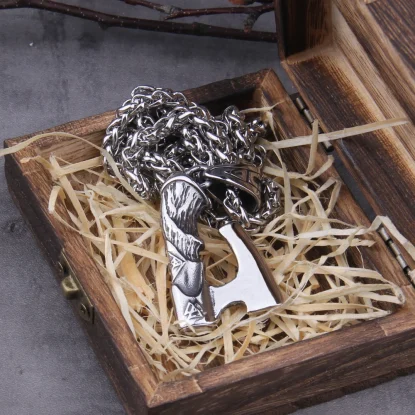 Alternative view of Viking Warrior Axe Valknut Stainless Steel Nordic necklace with wooden box