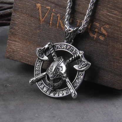 Alternative view of Necklace + Ring Stainless Steel Viking Warrior with viking axe on viking Shield pendant