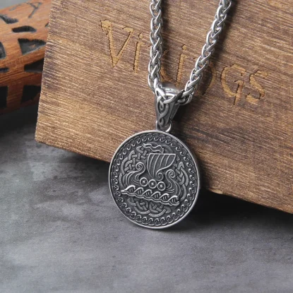 Longship Stainless Steel Viking Dragon Boat Necklace  Compass Amulet Pendant