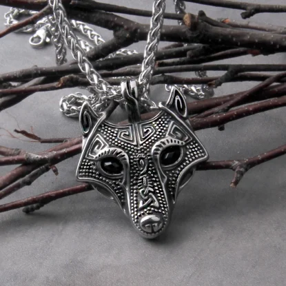 Alternative view of Fenrir Vintage Style Norse Vikings Wolf Head Necklace Pendant Black Crystal EyesWolf Head