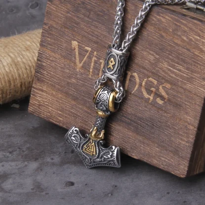 HammerNorse Scandinavian Vienna Viking Valknut Necklace Men Vintage Stainless Steel Mjolnir Thor's Hammer Pendant Necklace
