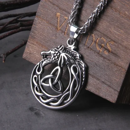 Vikings Jörmungandr Stainless Steel Necklace Mens Nordic Runes Pendant Triangle Amulet Scandinavian Ouroboros