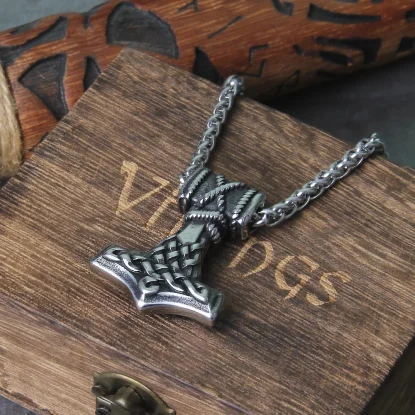Alternative view of Thor's hammer mjolnir pendant necklace viking scandinavian norse viking necklace with wooden box