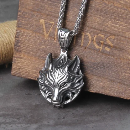 Fenrir stainless steel Wolf head norse viking pendant necklace vikings wooden box
