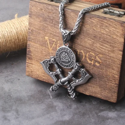 Valknut Stainless Steel Exquisite Double Axe Pendant Necklace Nordic Rune Amulet