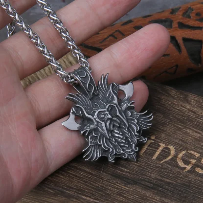 Alternative view of Odin Stainless Steel Men Viking Warrior with viking axe  raven pendant necklace wooden box