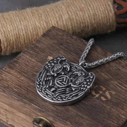 Alternative view of Hugin Munin Valknut Vikings Raven Stainless Steel Necklace  Nordic Runes Pendant with wooden box