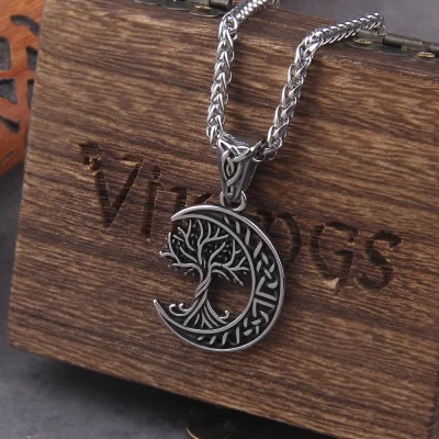 Nordic vikings Celtic Knot Moon Tree of Life Pendant Necklace for Men and Women World Tree Lucky Amulet with box
