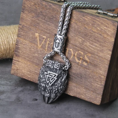 Nordic Viking Bear Claw Valknut Necklace Men's Stainless Steel Vintage High Quality Pendant Necklace with wooden box