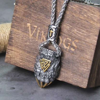 Alternative view of Nordic Viking Bear Claw Valknut Necklace Men's Stainless Steel Vintage High Quality Pendant Necklace with wooden box