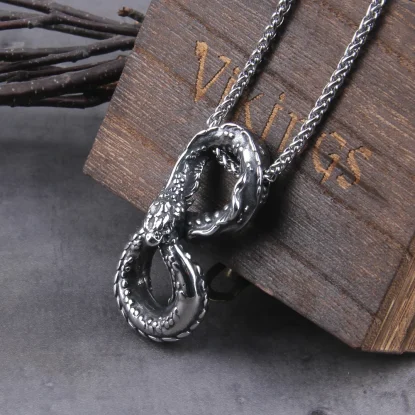 Alternative view of Viking Ouroboros vintage punk necklace for men stainless steel fashion with wooden box