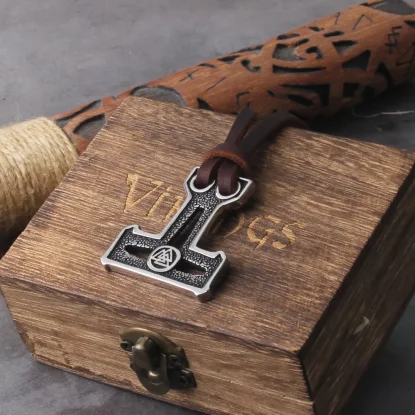 Alternative view of Thor's hammer mjolnir pendant necklace viking scandinavian norse viking necklace with wooden box