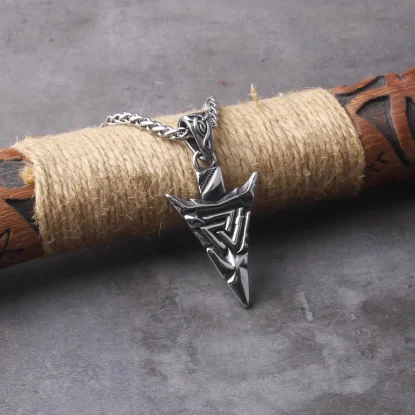 Alternative view of Odin Valknut Rune Necklace - vikings spear Men's Stainless Steel Necklace in Wooden Box