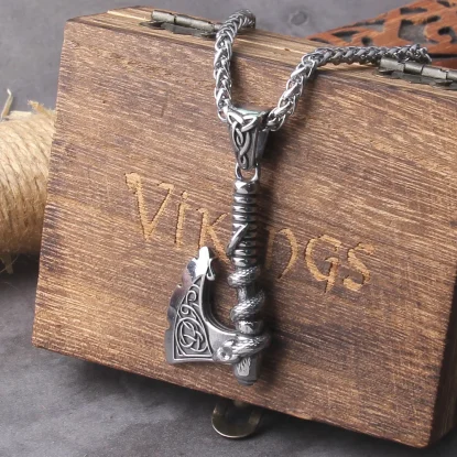 Viking Axe Necklace Stainless Steel Men's Necklace with Snake Coiled on Handle, Packed in Wooden Gift Box
