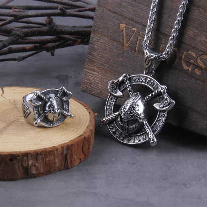 Necklace + Ring Stainless Steel Viking Warrior with viking axe on viking Shield pendant