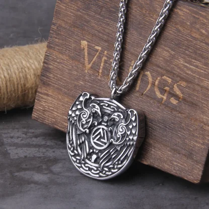 Hugin Munin Valknut Vikings Raven Stainless Steel Necklace  Nordic Runes Pendant with wooden box