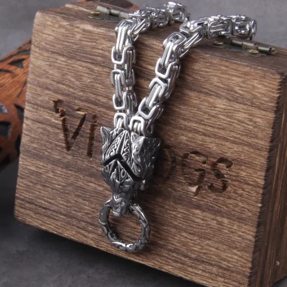 Viking King Chain Wolf Charm Bracelet Men's Stainless Steel Mesh Chain silver color Wolf Bracelets