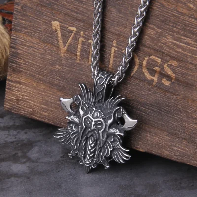 Odin Stainless Steel Men Viking Warrior with viking axe  raven pendant necklace wooden box
