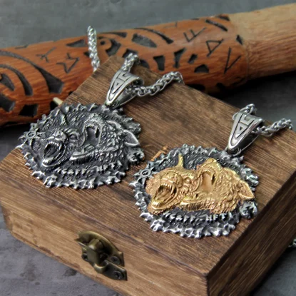 Alternative view of Geri and Freki stainless steel Brave Wolf norse viking pendant necklace vikings wooden box