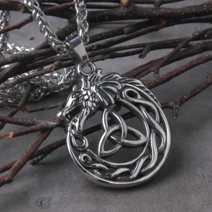 Alternative view of Vikings Jörmungandr Stainless Steel Necklace Mens Nordic Runes Pendant Triangle Amulet Scandinavian Ouroboros