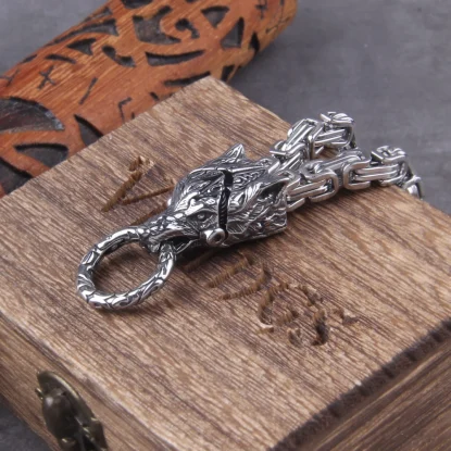 Alternative view of Viking King Chain Wolf Charm Bracelet Men's Stainless Steel Mesh Chain silver color Wolf Bracelets