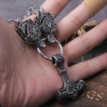 Alternative view of Thor hammer with Open Mouth wolf head necklace and mjolnir with vikings wooden box