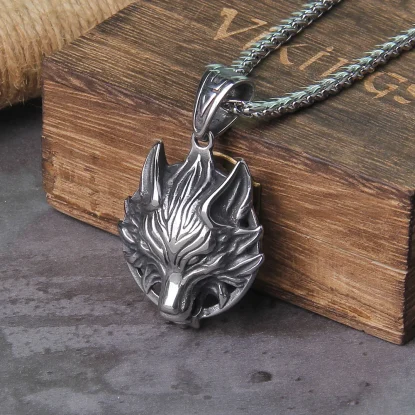 Alternative view of Fenrir stainless steel Wolf head norse viking pendant necklace vikings wooden box