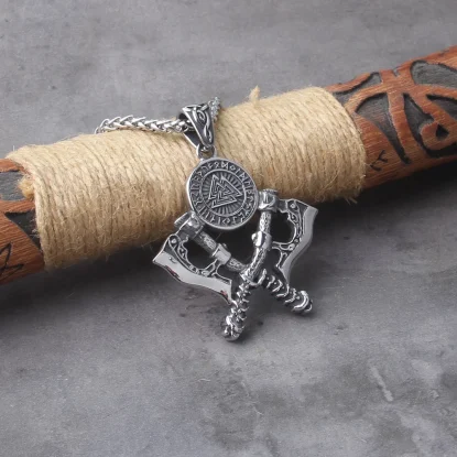 Alternative view of Valknut Stainless Steel Exquisite Double Axe Pendant Necklace Nordic Rune Amulet