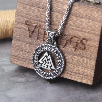 Valknut Viking Runes Necklace Pendant Scandinavian Norse Vikings Charms with wooden box