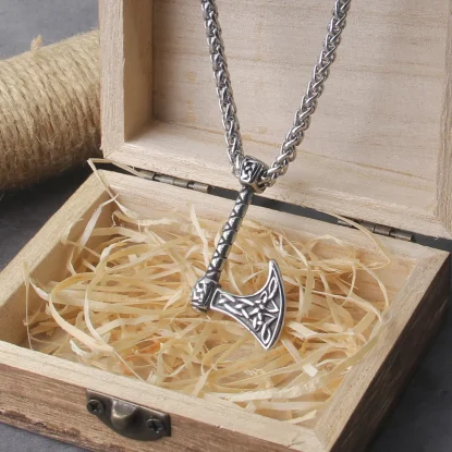 Alternative view of Nordic Viking Amulet Raven Wolf Head Axe Plus Celtic Axe Pendant Necklace Necklace