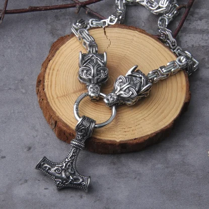 Thor hammer with Open Mouth wolf head necklace and mjolnir with vikings wooden box