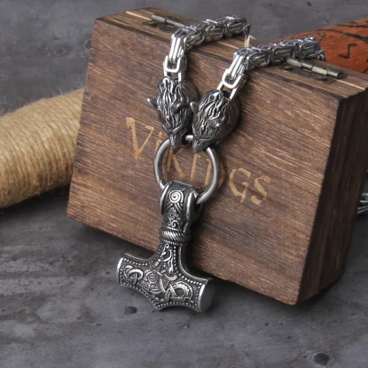 Viking Thor hammer pendant necklace titanium steel wolf head chain necklace