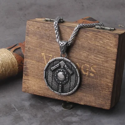 Nordic Viking Style Shield Necklace with Wooden Box  Stainless Steel Men's Necklace Viking Rune Necklace