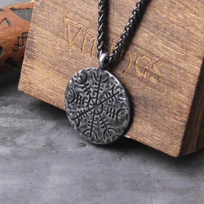 Helm of Awe and Viking Vegvisir Iron Color Viking Rune Pendant Necklace with wooden box