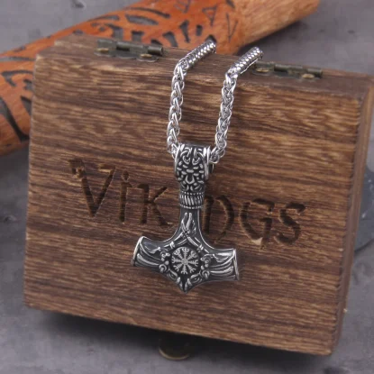 Alternative view of Vegvísir thor's hammer mjolnir pendant necklace viking scandinavian norse viking necklace