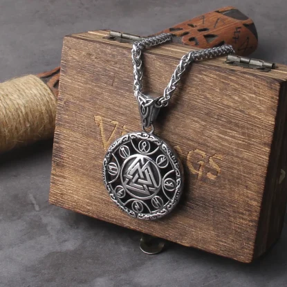 Valknut Viking Stainless Steel Necklace with Odin Rune Pendant Nordic Necklace with Wooden Box