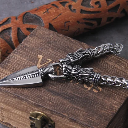 Alternative view of Gungnir Necklaces Viking Vegvisir Amulet Spear Pendant Norse Runes Stainless Steel King Chain