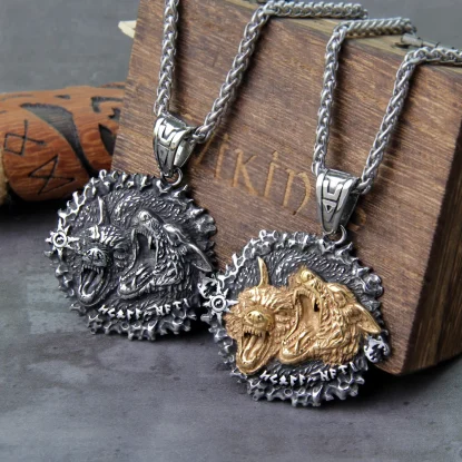 Geri and Freki stainless steel Brave Wolf norse viking pendant necklace vikings wooden box