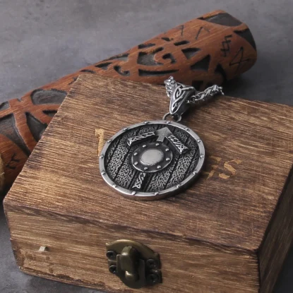 Alternative view of Nordic Viking Style Shield Necklace with Wooden Box  Stainless Steel Men's Necklace Viking Rune Necklace