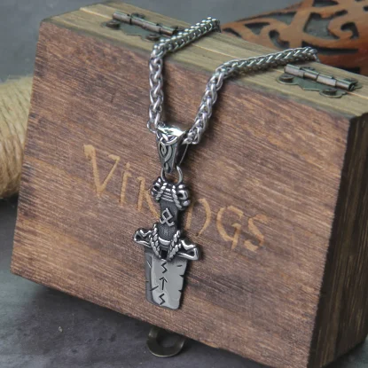 Nordic stainless steel viking rune broken sword odin symbol amulet necklace with wooden box
