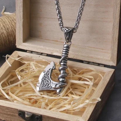Alternative view of Viking Axe Necklace Stainless Steel Men's Necklace with Snake Coiled on Handle, Packed in Wooden Gift Box