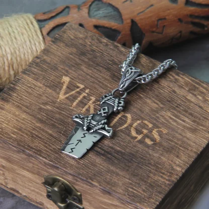 Alternative view of Nordic stainless steel viking rune broken sword odin symbol amulet necklace with wooden box